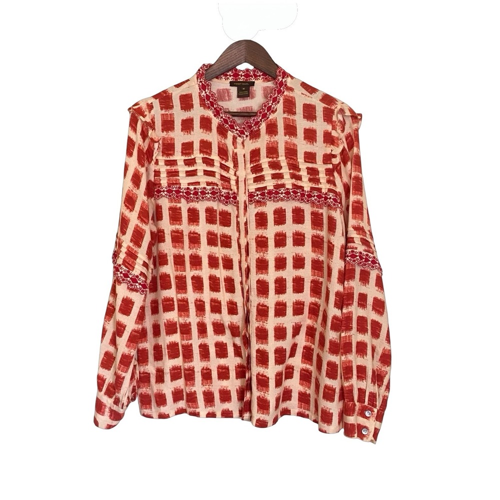 Vineet Bahl Red Cream Ikat Embroidered Pintuck Boho Blouse Medium Linen Blend